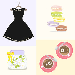French Macaron Coffee Tasty Cappuccino Morning Dress Girl Colorful Flowers Vector Illustration