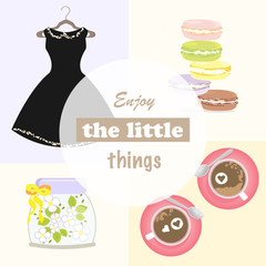 French Macaron Girl Woman Message Enjoy Day Dress Beautiful Flowers Color Modern Vector Illustration