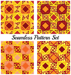 Set of 4 stylish geometric seamless patterns with triangles and squares of yellow, burgundy, cherry, and orange shades