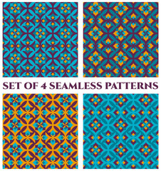 Obraz premium Collection of 4 delicate damask decorative seamless patterns with geometric ornament of blue, teal, orange and violet shades