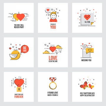 Set of flat line design Valentine's day cards
