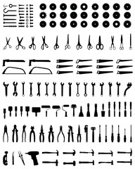 Set of black silhouettes of different  tools, vector