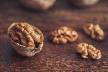 Close up walnut on wooden background
