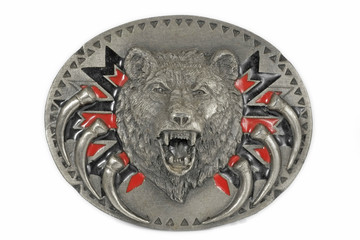 Silver buckle of head bear / Silver buckle of head bear on white background.