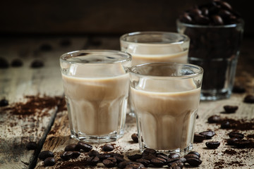Coffee and cream liqueur, coffee beans roasted and ground coffee