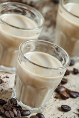 Coffee and cream liqueur, coffee beans roasted and ground coffee