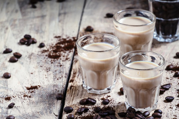Coffee and cream liqueur, coffee beans roasted and ground coffee
