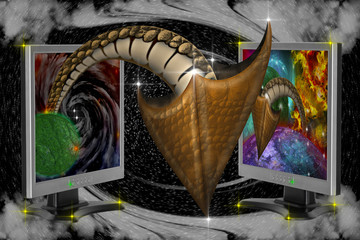 Computer monitor / Computer monitor with dragon tail on space background.