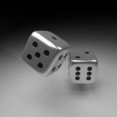 two silver dice over dark