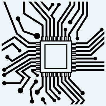 Motherboard with microchip. CPU. Isolated on blue background. Vector silhouettes