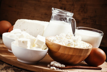 Farm organic dairy products: milk, yogurt, cream, cottage cheese