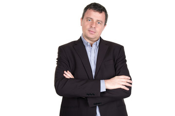 Friendly and smiling businessman looking at camera with reliability isolated on white background