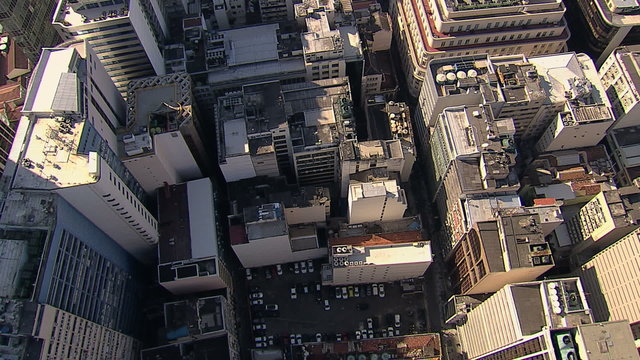 Flying above Downtown Buildings of Rio de Janeiro , Brazil