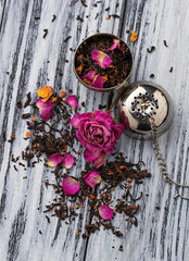 Dried tea with rose petals