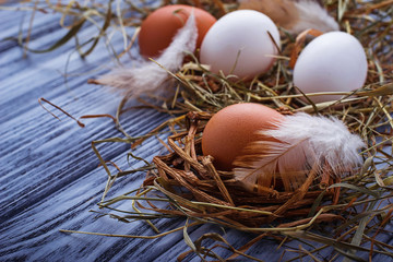 Brown and white eggs on  wooden background