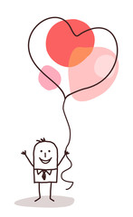 cartoon man holding up a big celebration heart ballon