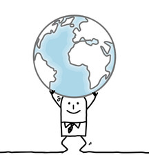 cartoon man carrying  the Earth