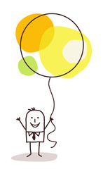 cartoon man holding up a big celebration ballon