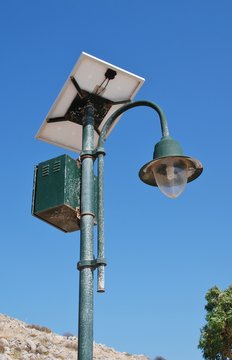 A solar powered street lamp at Emborio on the Greek island of Halki.