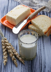 Glass of milk, bread and butter