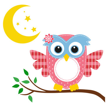 owl pink on a branch and moon