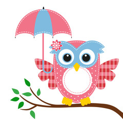 owl funny girl and umbrella on a branch
