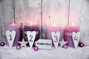 Grußkarte - vier Adventskerzen - Text - Frohes Fest