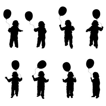child play with balloon set illustration in black