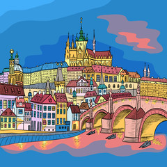 Vector sketch of Prague landscape with Prague Castle and Charles Bridge