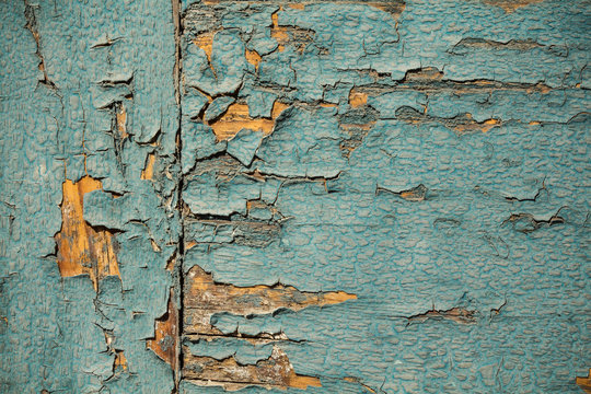 Vintage Wood Wallpaper With Peeling Turquoise Paint