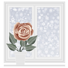 Save heat postcard, closed window with snowflakes background