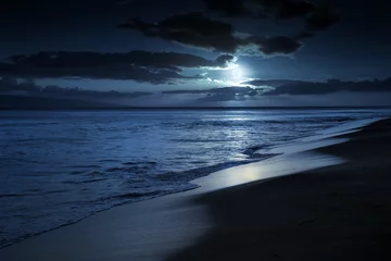 Foto op Plexiglas Deze fotoillustratie schildert een stil en romantisch maanbeschenen strand in Maui Hawaï af. © ricardoreitmeyer