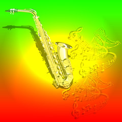 Fototapeta na wymiar musical background Saxophone and waves of musical notes