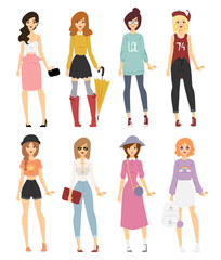 Fototapeta premium Beautiful vector cartoon fashion girl models look standing over white background