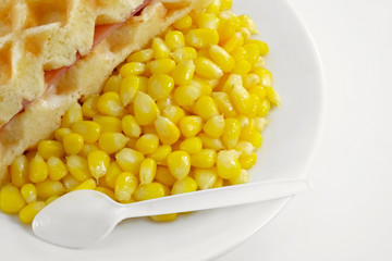 Waffles with ham and sweet corn / Waffles with ham and sweet corn on a plate.