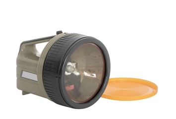 Old flash light / Old flash light on white background, back view.