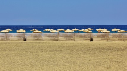 Beach with deckchairs and parasols, Jandia Playa, Jandia Beach, Jandia, Morro Jable, Fuerteventura, Canarian Islands, Spain