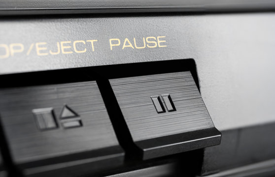Macro Of A Rectangular Pause Button Of An Old Hifi Stereo Audio System