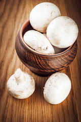 Fresh mushrooms on a ceramic pot.