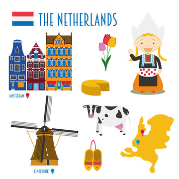 Netherlands Flat Icon Set Travel and tourism concept. Vector illustration