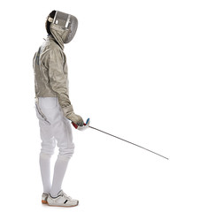 Teen fencer isolated on white background.    