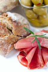bread, meat and olives