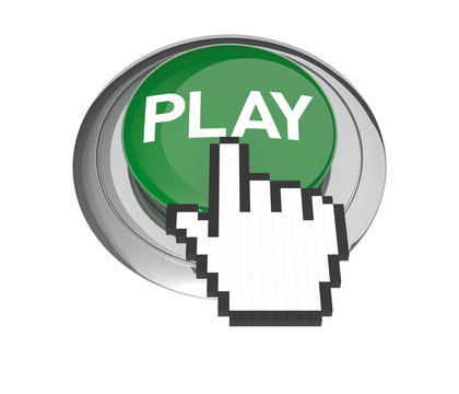 Mouse Hand Cursor on Green Play Button. 3D Illustration.