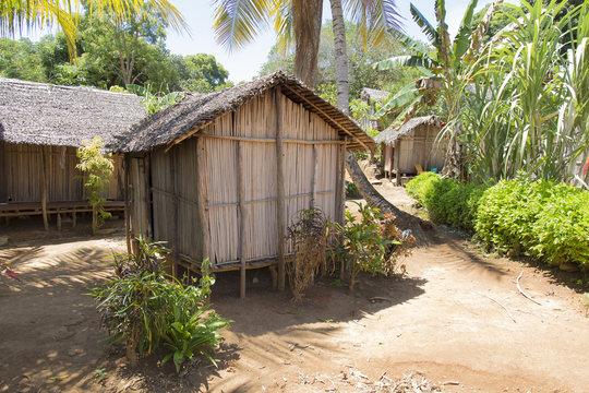 Wooden hut village in tropical Madagascar