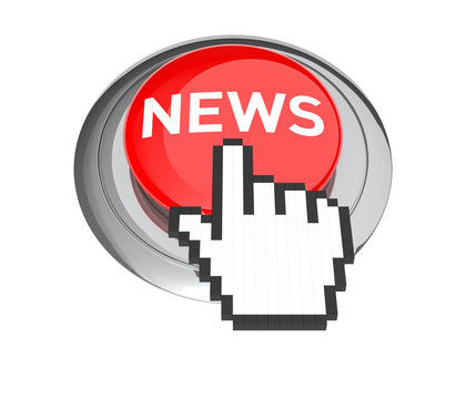 Mouse Hand Cursor on Red News Button. 3D Illustration.