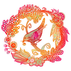 Naklejka premium Hand drawn bird in the wreath