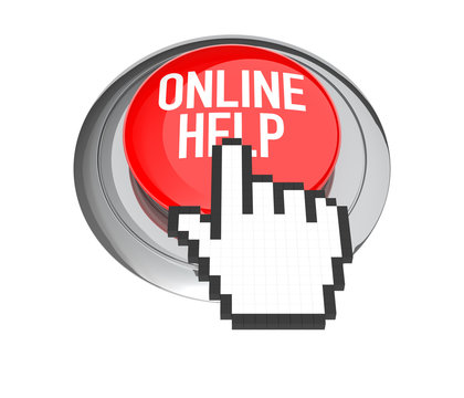 Mouse Hand Cursor on Red Online Help Button. 3D Illustration.