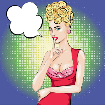 Shhh speech bubble pop art pin-up woman with finger on her lips