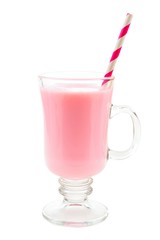 Strawberry milk in a Irish coffee glass with striped paper straw isolated on a white background