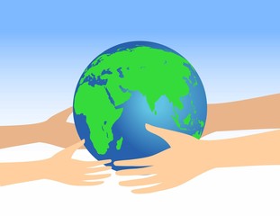 Concept of heritage earth for future generations. Adult pass hands globe in children's hands
